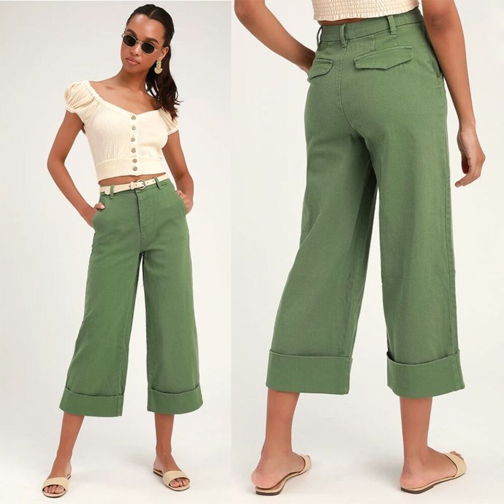 NWT Lulus Brookside Olive Green Wide-Leg Cropped‎ Jeans Sz 24